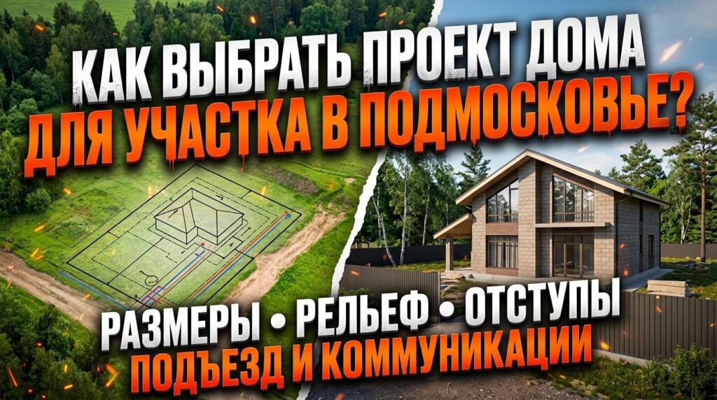 Схема участка в Подмосковье с контуром дома, отступами от границ, въездом и коммуникациями
